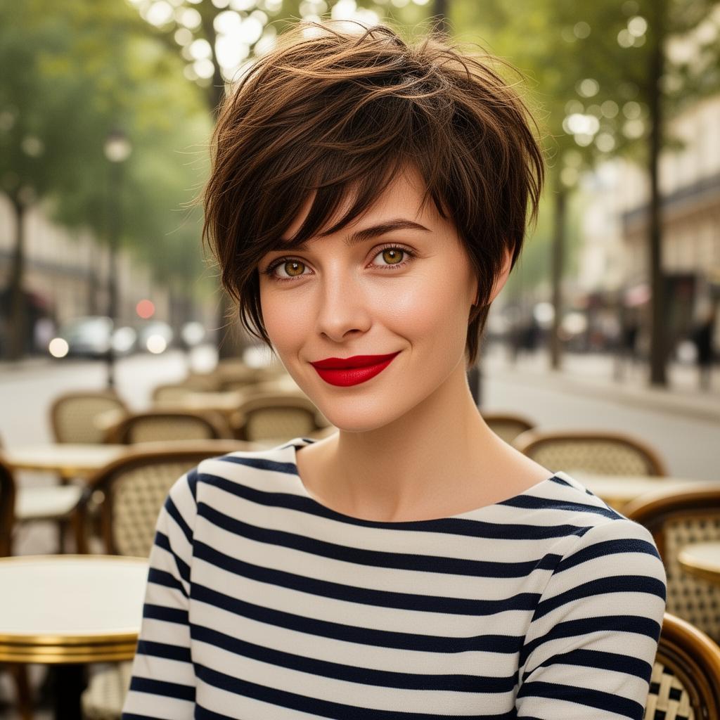An AI image portrait of a brunette woman with short hair hair, hazel eyes and dimples, smiling at the camera