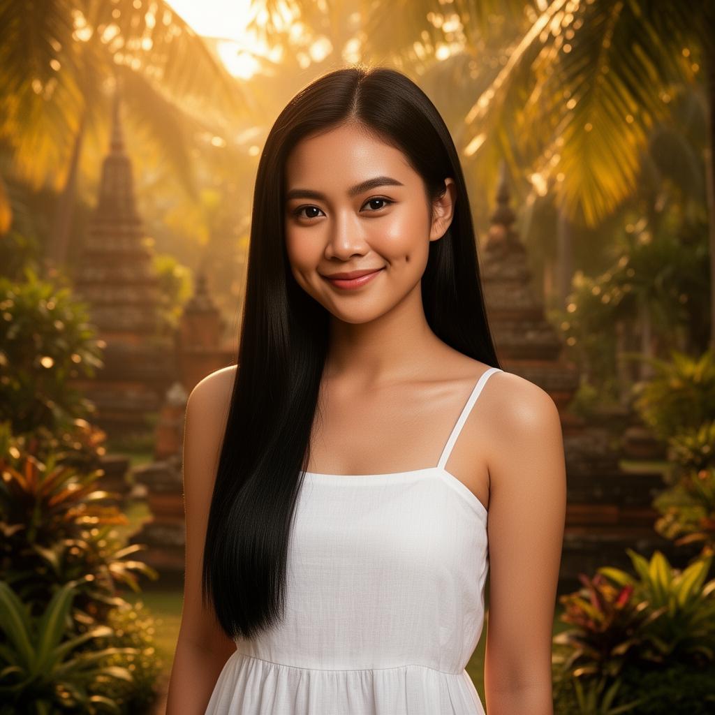 An AI image portrait of a brunette woman with long hair straight hair and dark eyes, smiling at the camera