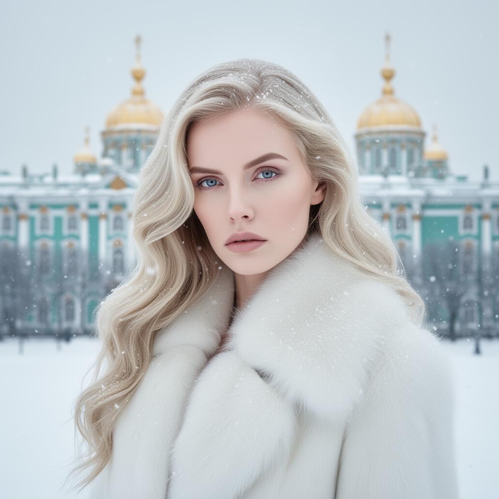 An AI image portrait of a blonde woman with long hair curly hair and blue eyes, with a serious expression
