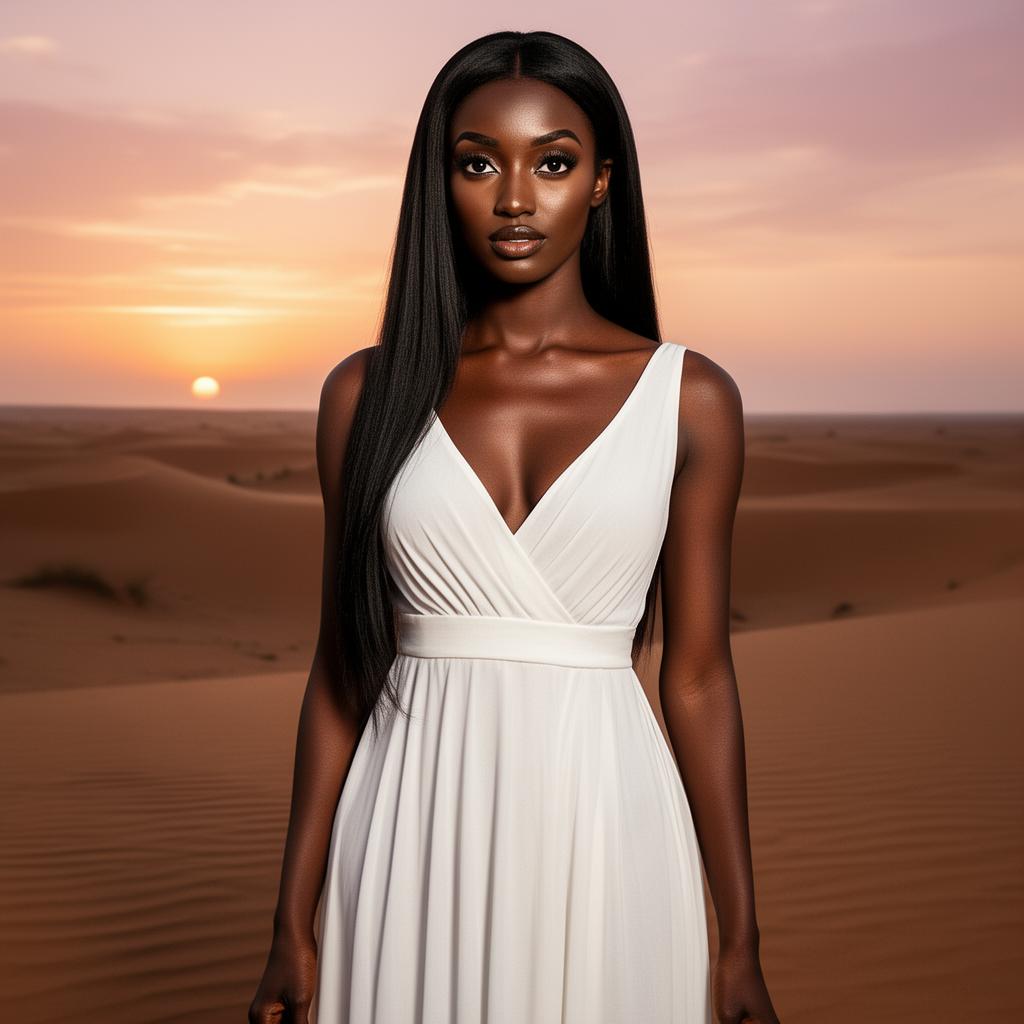 An AI image portrait of a black hair woman with long hair straight hair and dark eyes, with a serious expression