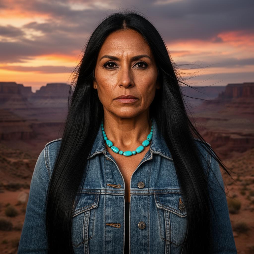 An AI image portrait of a black hair woman with long hair straight hair and dark eyes, with a serious expression