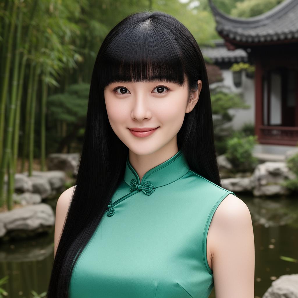 An AI image portrait of a black hair woman with long hair straight hair and dark eyes, smiling at the camera