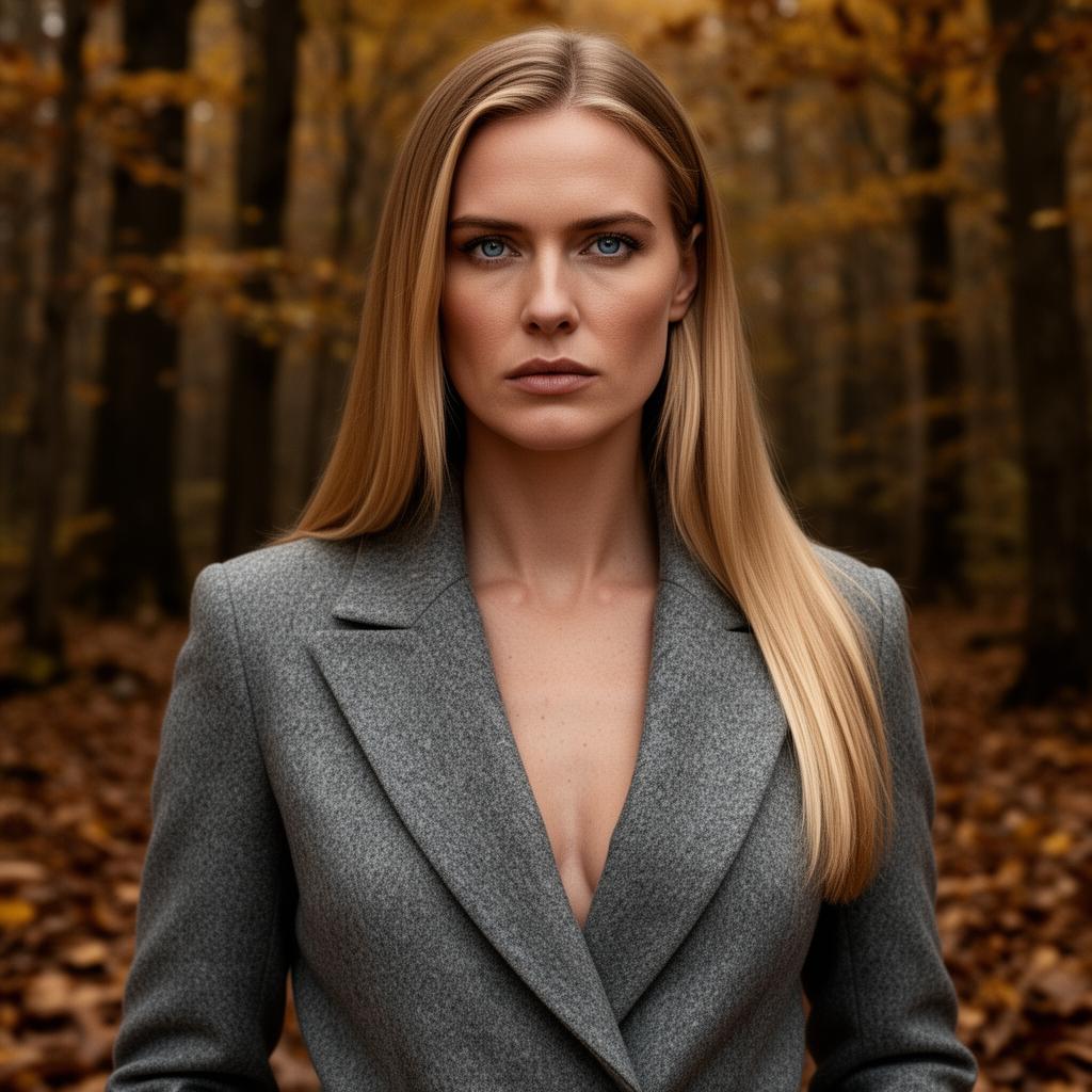 An AI image portrait of a blonde woman with long hair straight hair and blue eyes, with a serious expression
