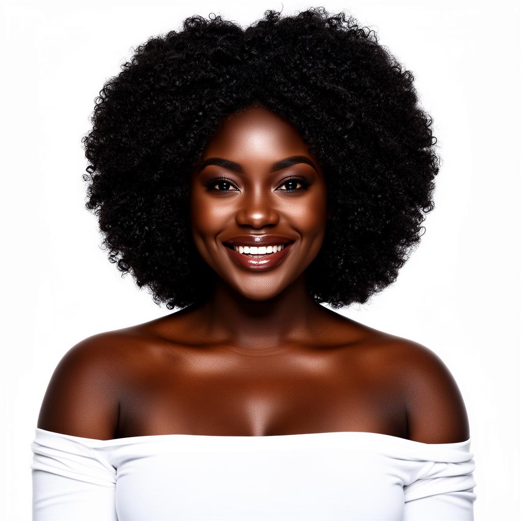 An AI image portrait of a black hair woman with short hair curly hair and dark eyes, smiling at the camera