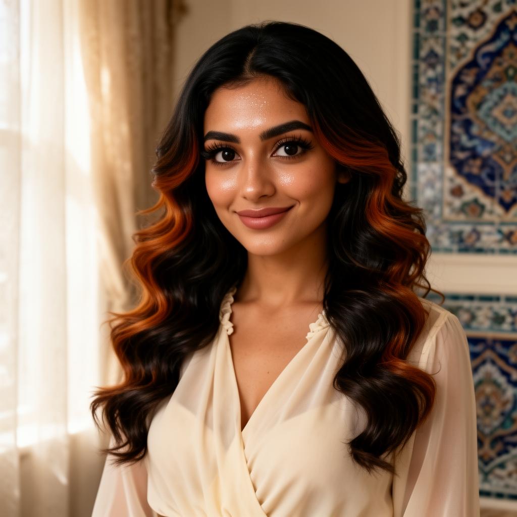 An AI image portrait of a black hair woman with long hair curly hair and dark eyes, smiling at the camera