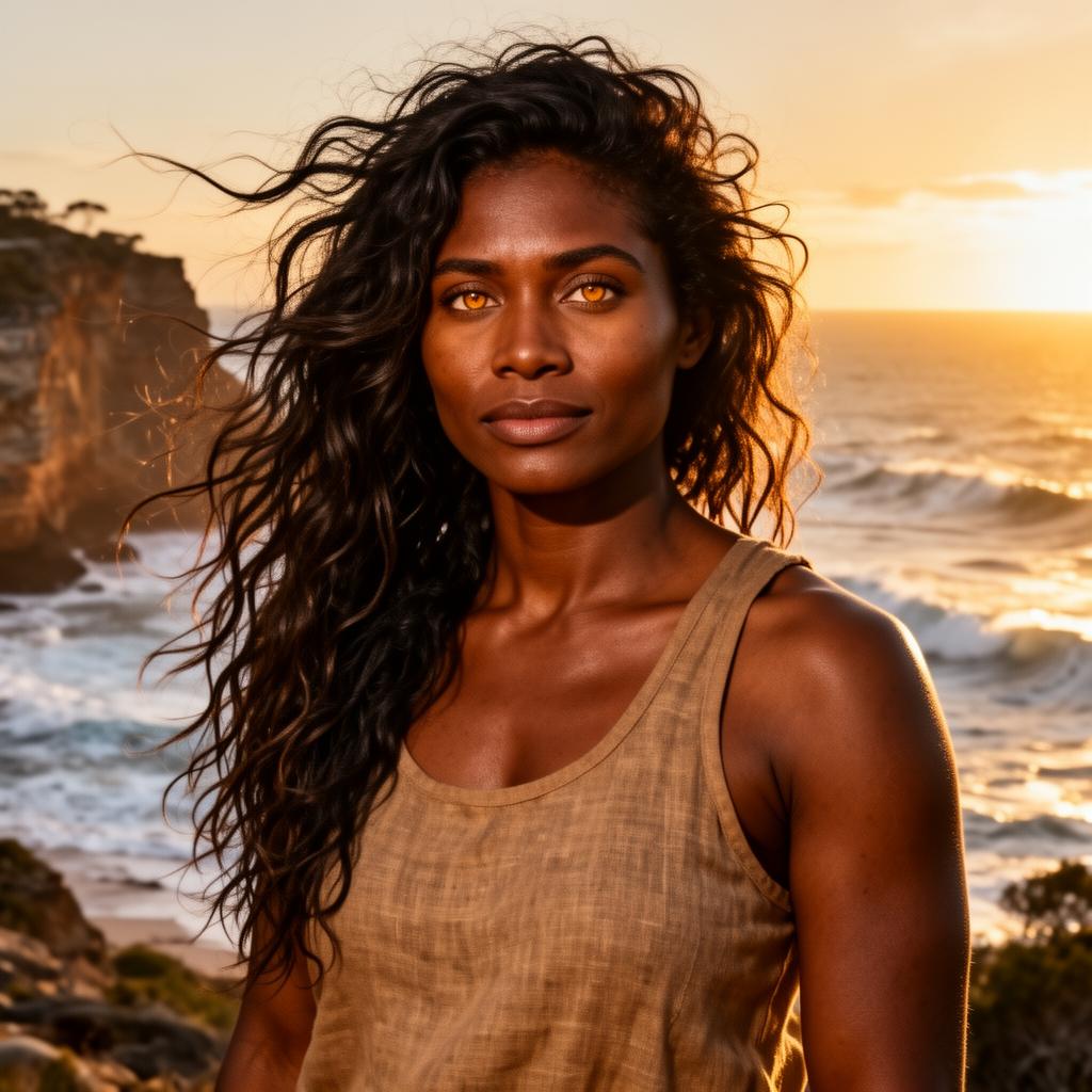 An AI image portrait of a black hair woman with long hair curly hair and hazel eyes, looking relaxed