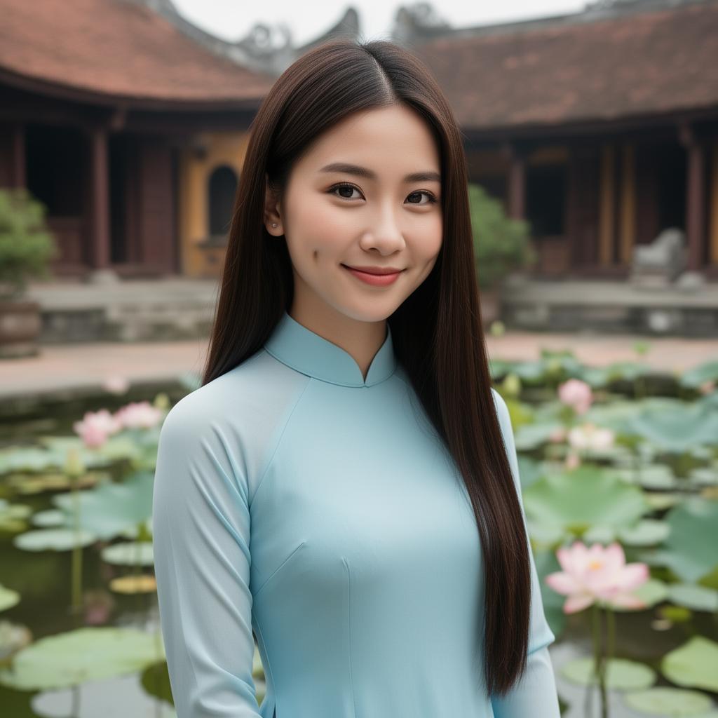 An AI image portrait of a brunette woman with long hair straight hair and dark eyes, smiling at the camera