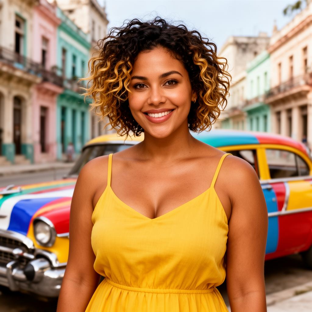 An AI image portrait of a brunette woman with short hair curly hair, brown eyes and dimples, smiling at the camera